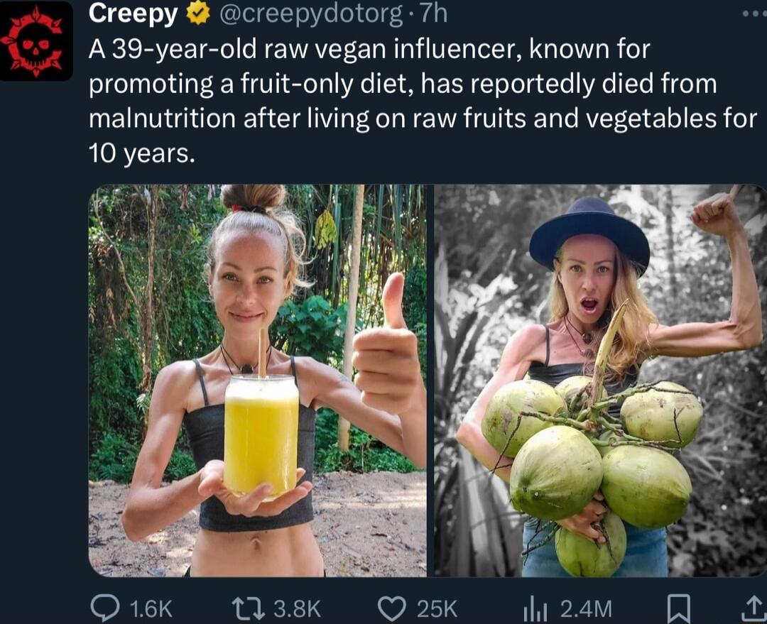 Creepy creepydotorg 7h A39 year old raw vegan influencer known for promoting a fruit only diet has reportedly died from malnutrition after living on raw fruits and vegetables for 10 years i L Q16K 1138 Q25K W2amw R A