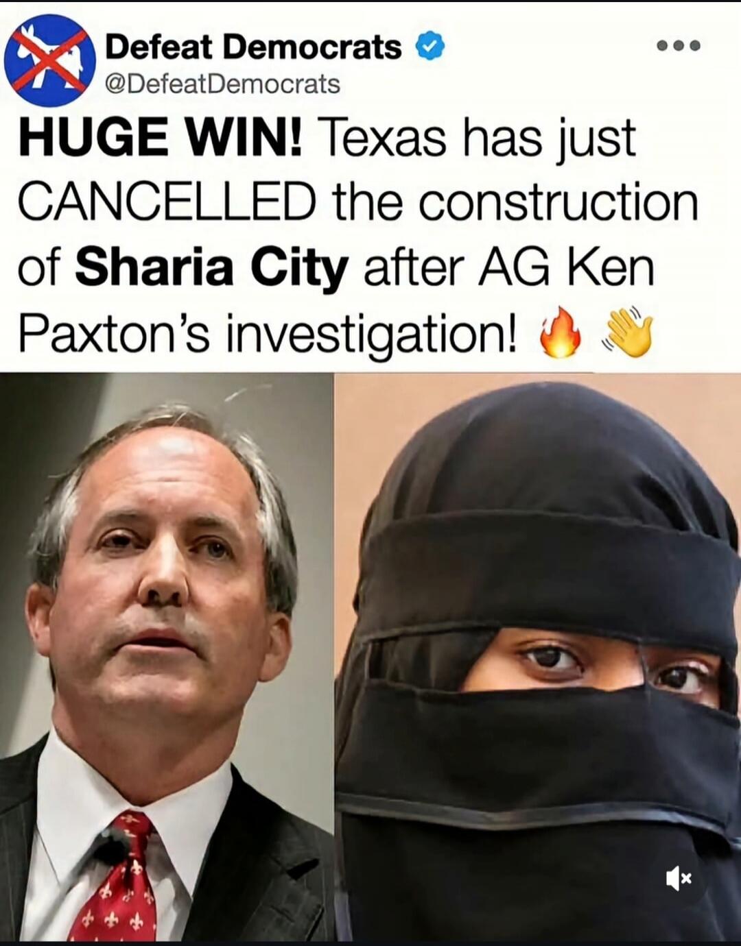 Defeat Democrats @DefeatDemocrats HUGE WIN! Texas has just CANCELLED the construction of Sharia City after AG Ken Paxton's investigation! 🔥👋