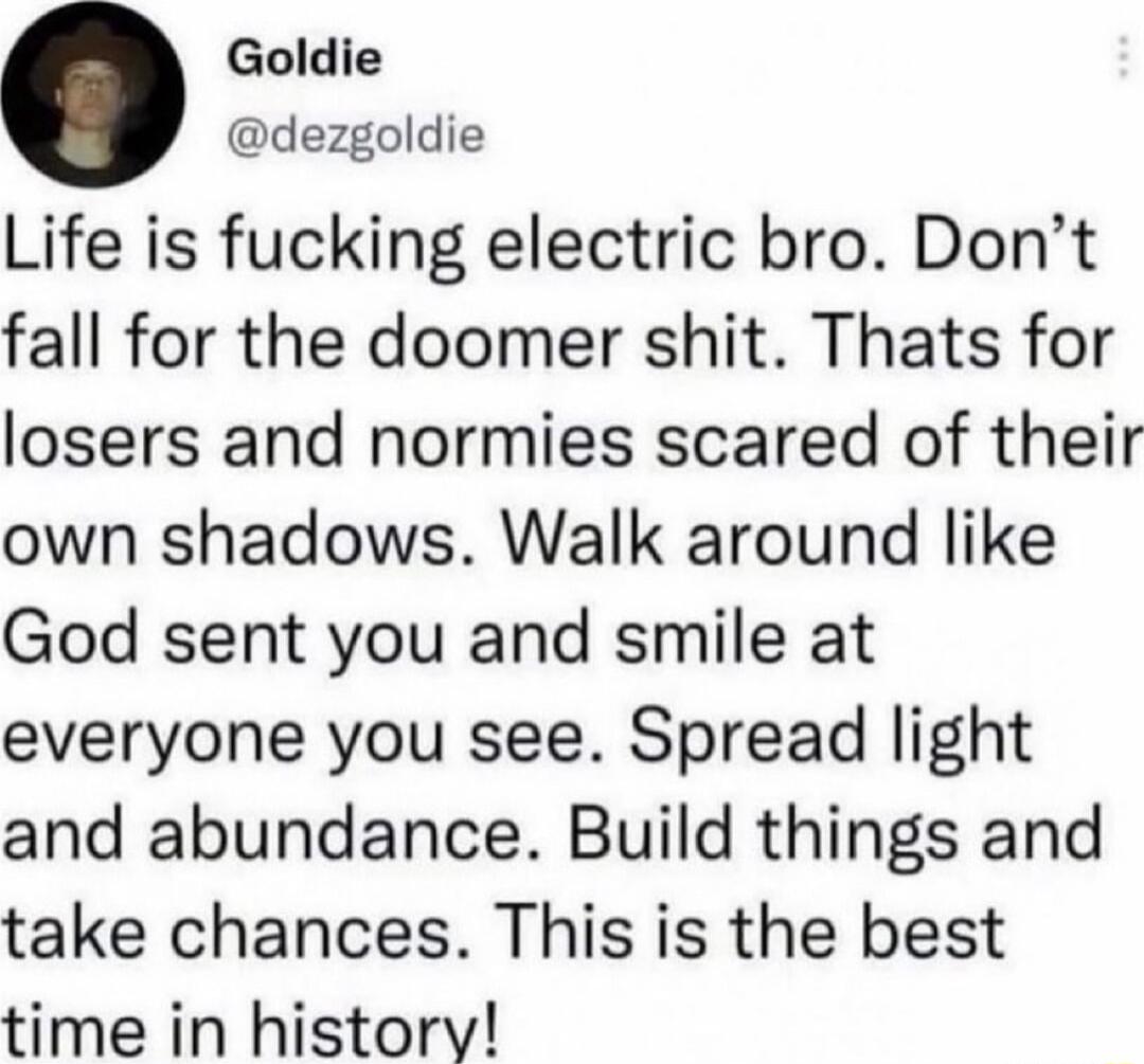 Goldie dezgoldie Life is fucking electric bro Dont fall for the doomer shit Thats for losers and normies scared of their own shadows Walk around like God sent you and smile at everyone you see Spread light and abundance Build things and take chances This is the best time in history