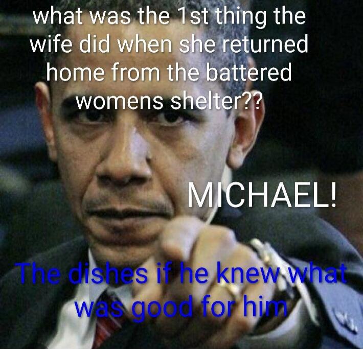what was the 1st thing the wife did when she returned home from the battered womens shelter?? MICHAEL! The dishes if he knew what was good for him