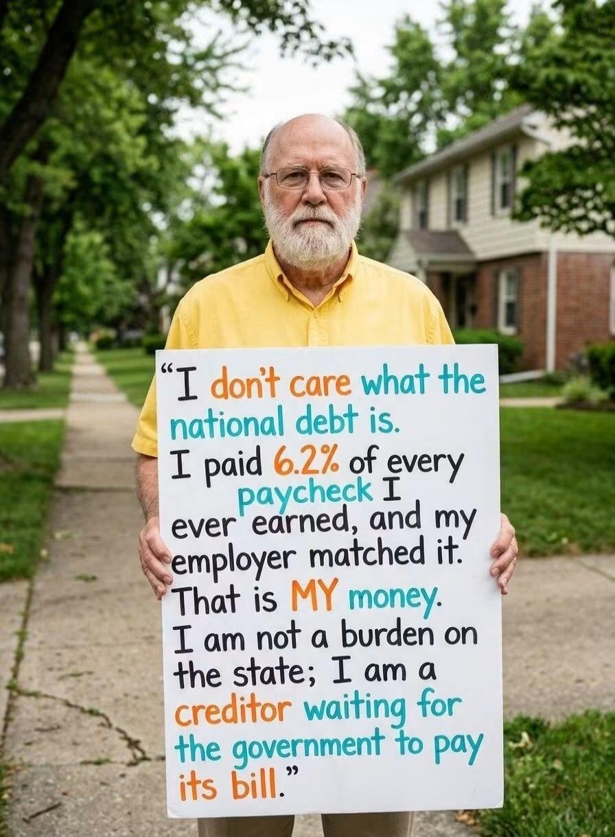 I don't care what the national debt is. I paid 6.2% of every paycheck I ever earned, and my employer matched it. That is MY money. I am not a burden on the state; I am a creditor waiting for the government to pay its bill.