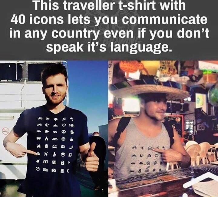 This travelier t shirt with 40 icons lets you communicate in any country even if you dont G EUQEH EFTET 8 4 a LR Y s a Peeny
