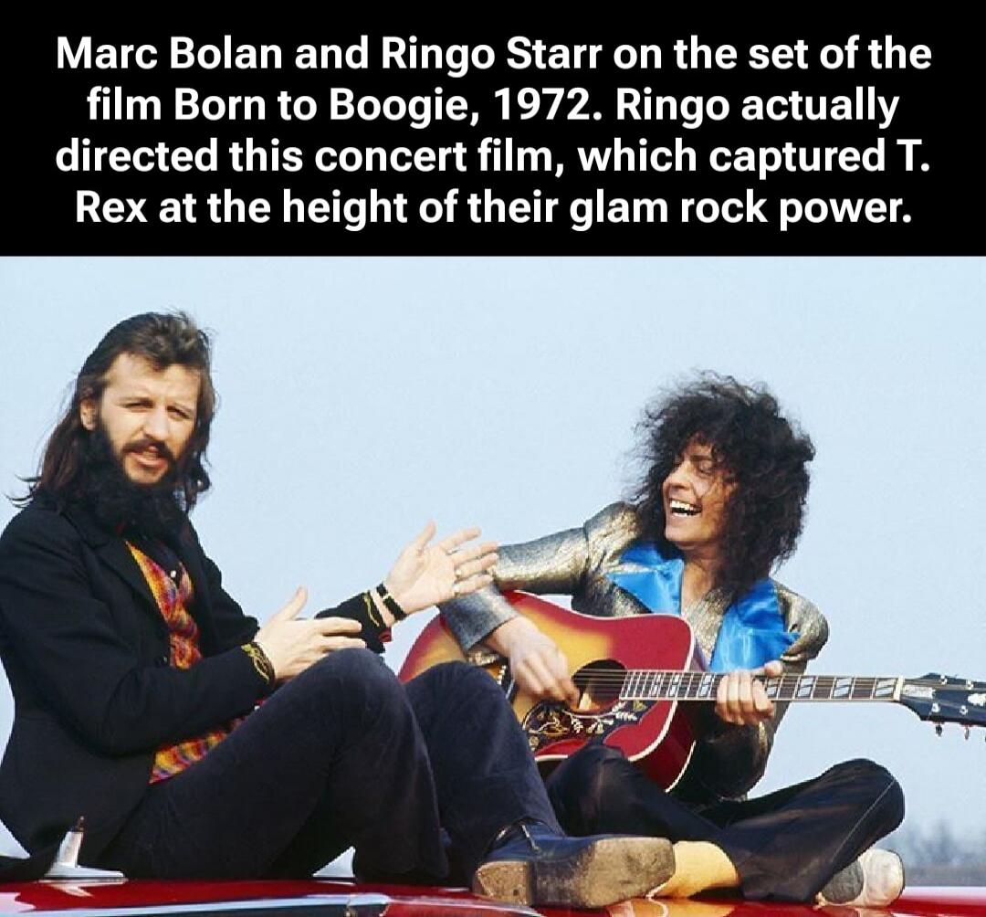 Marc Bolan and Ringo Starr on the set of the film Born to Boogie, 1972. Ringo actually directed this concert film, which captured T. Rex at the height of their glam rock power.