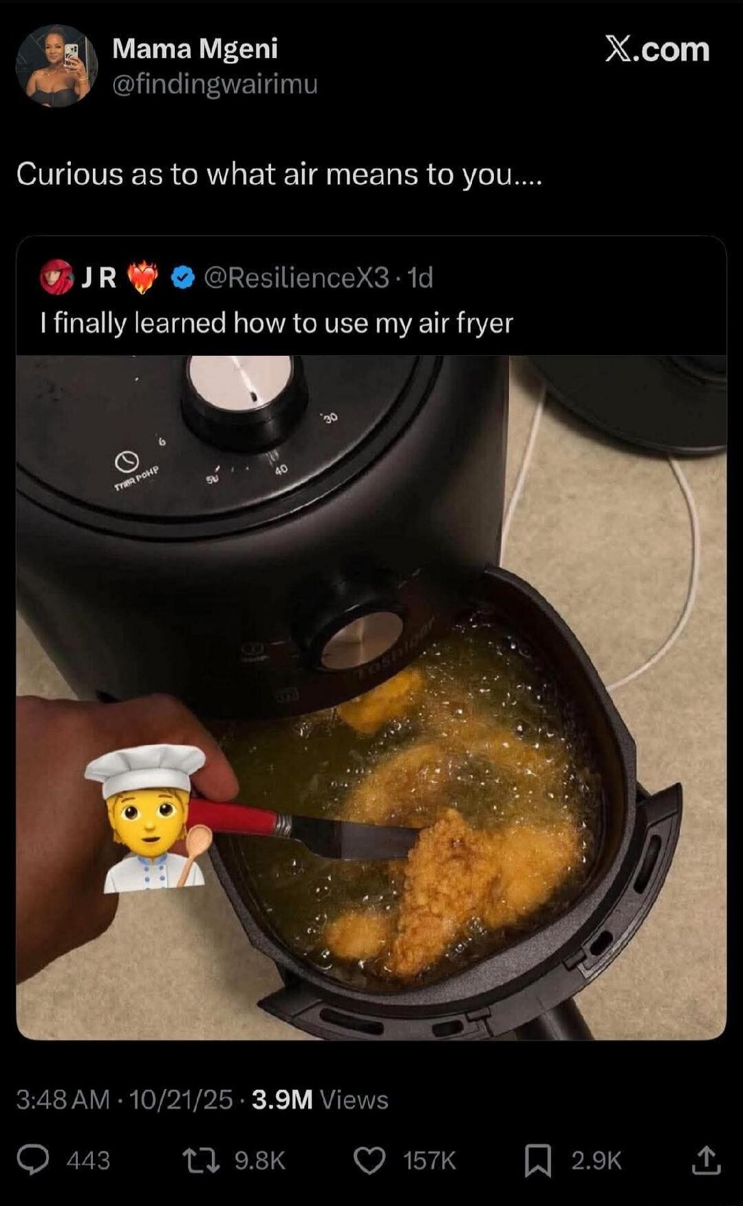 Mama Mgeni @findingwairimu Curious as to what air means to you....

JR @ResilienceX3: I finally learned how to use my air fryer

3:48 AM · 10/21/25 · 3.9M Views