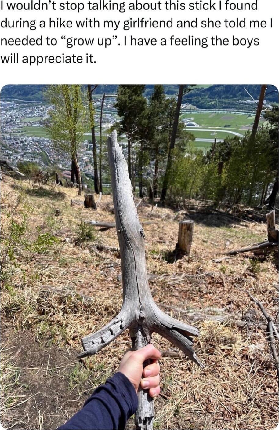 I wouldnt stop talking about this stick found during a hike with my girlfriend and she told me needed to grow up have a feeling the boys will appreciate it