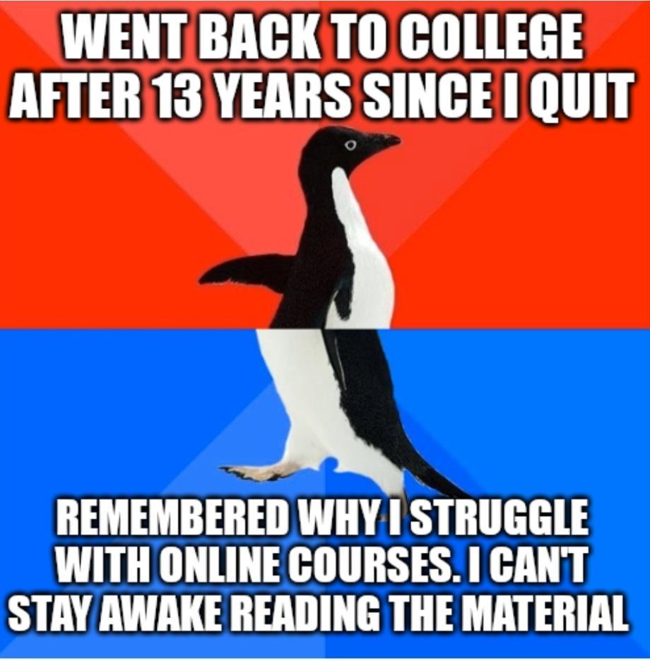 WENTBACKTO COLLEGE AFTER 13 YEARS SINCE 1 QUIT A REMEMBERED WHY 1 STRUGGLE WITH ONLINE COURSES GANT STAY AWAKE READING THE MATERIAL