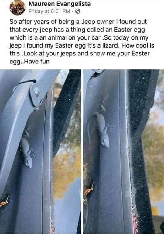 Maureen Evangelista So after years of being a Jeep owner found out that every jeep has a thing called an Easter egg which is a an animal on your car So today on my jeep found my Easter eqg its a lizard How cool is this Look at your jeeps and show me your Easter eggHave fun