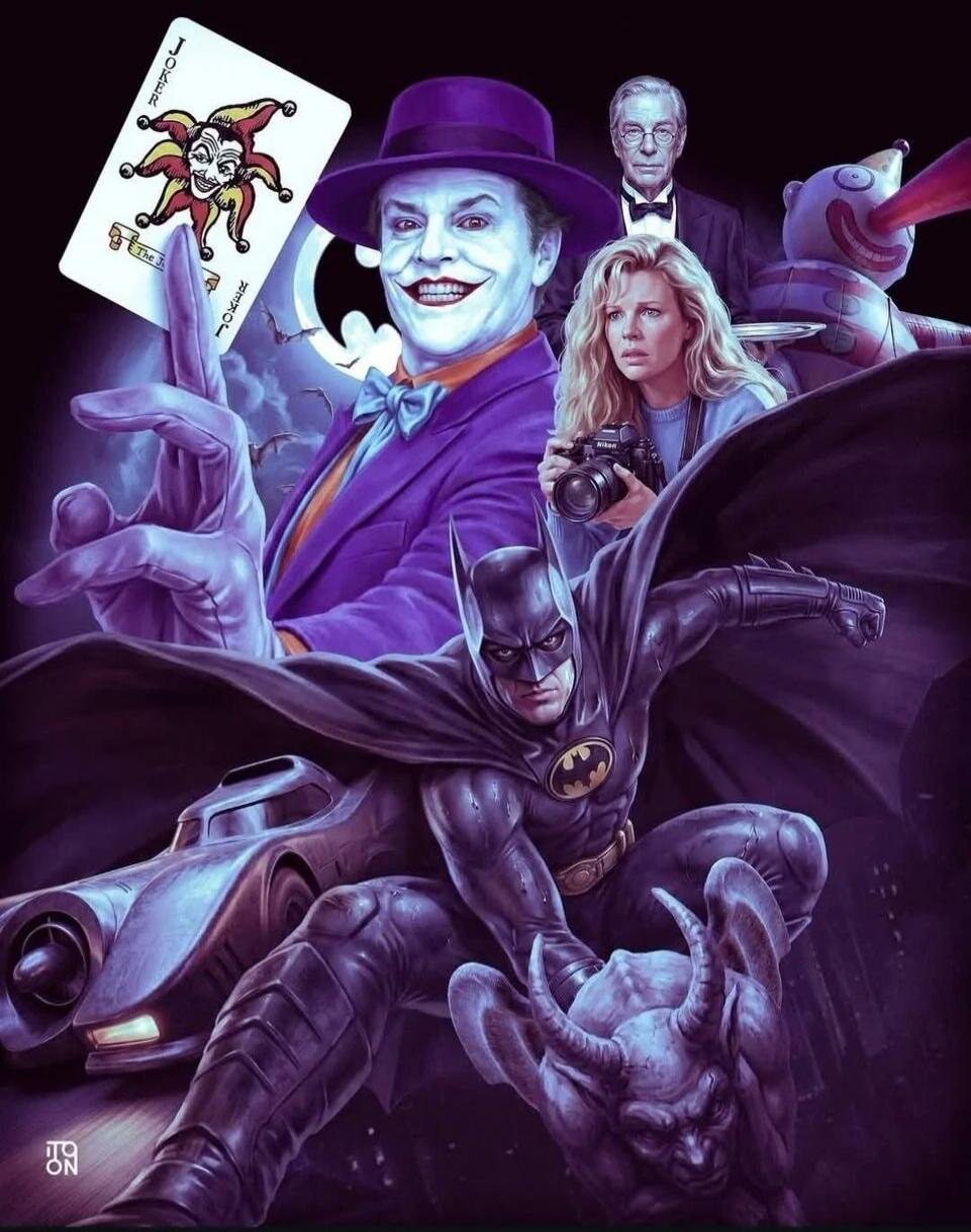 Joker playing card, Batman, Joker, Vicki Vale, Alfred Pennyworth, Batmobile, Nikon camera, ITQ ON watermark.