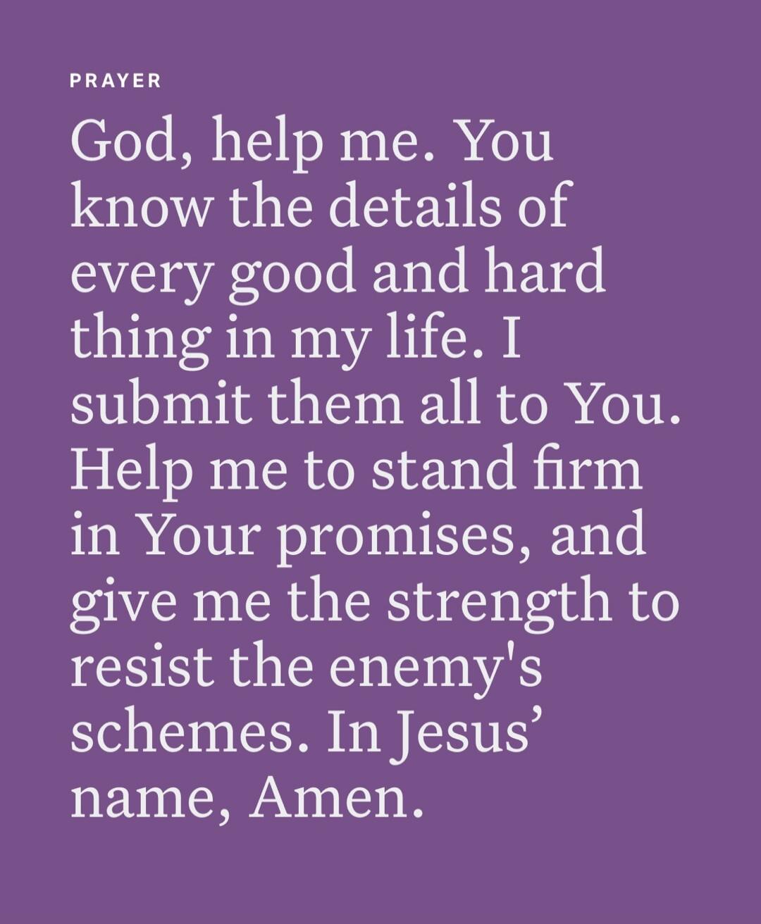PRAYER God, help me. You know the details of every good and hard thing in my life. I submit them all to You. Help me to stand firm in Your promises, and give me the strength to resist the enemy's schemes. In Jesus' name, Amen.