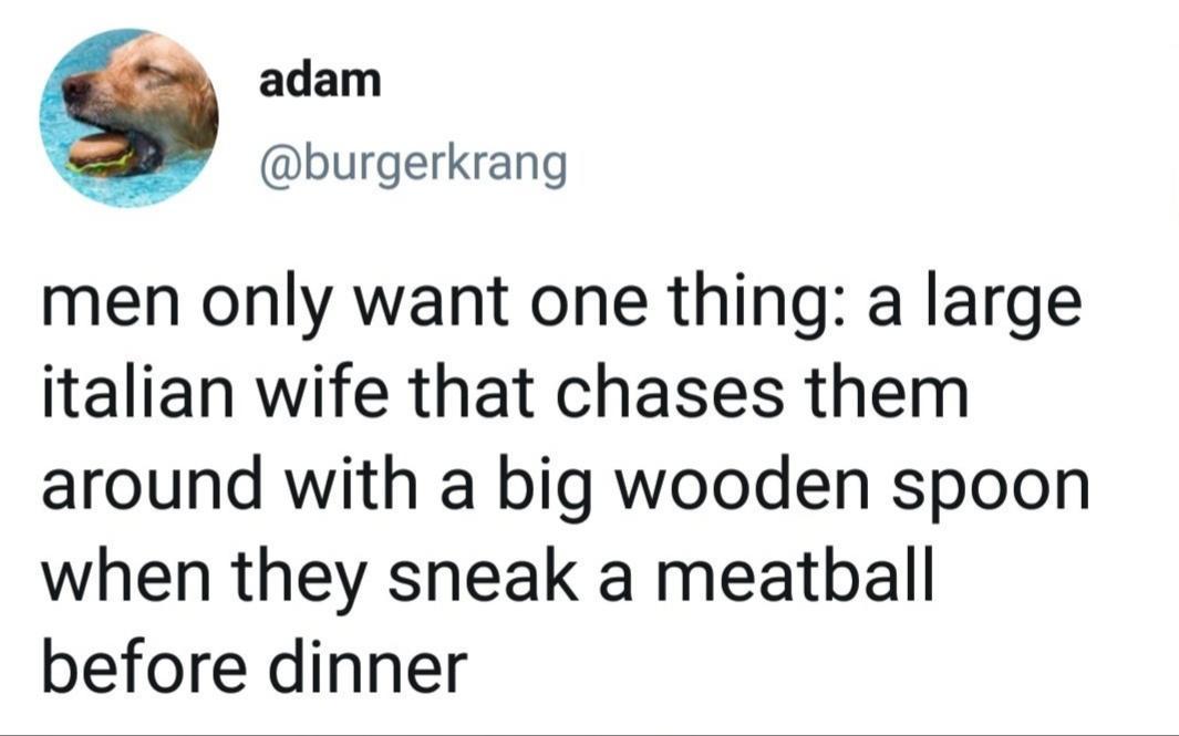 adam burgerkrang men only want one thing a large italian wife that chases them around with a big wooden spoon when they sneak a meatball before dinner