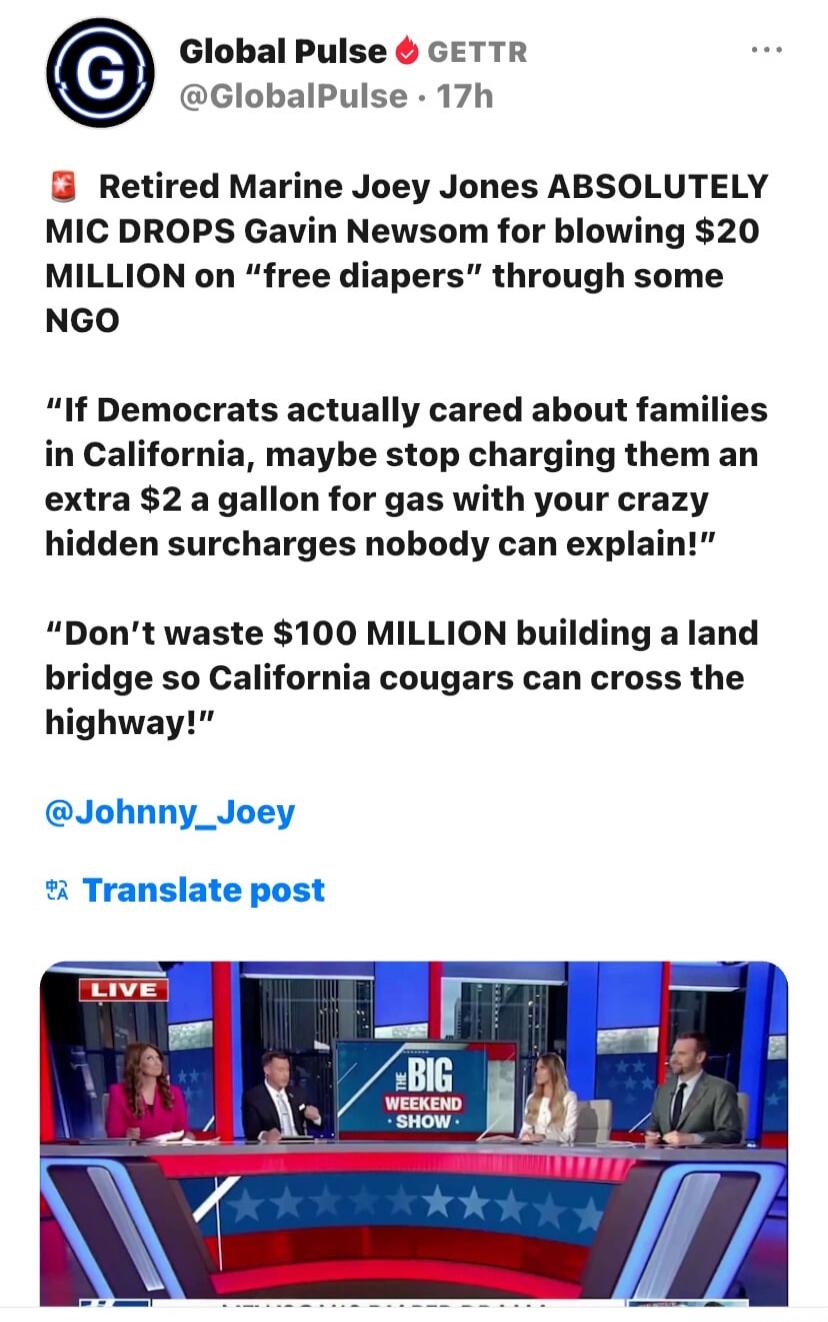 Global Pulse GETTR @GlobalPulse • 17h Retired Marine Joey Jones ABSOLUTELY MIC DROPS Gavin Newsom for blowing $20 MILLION on 