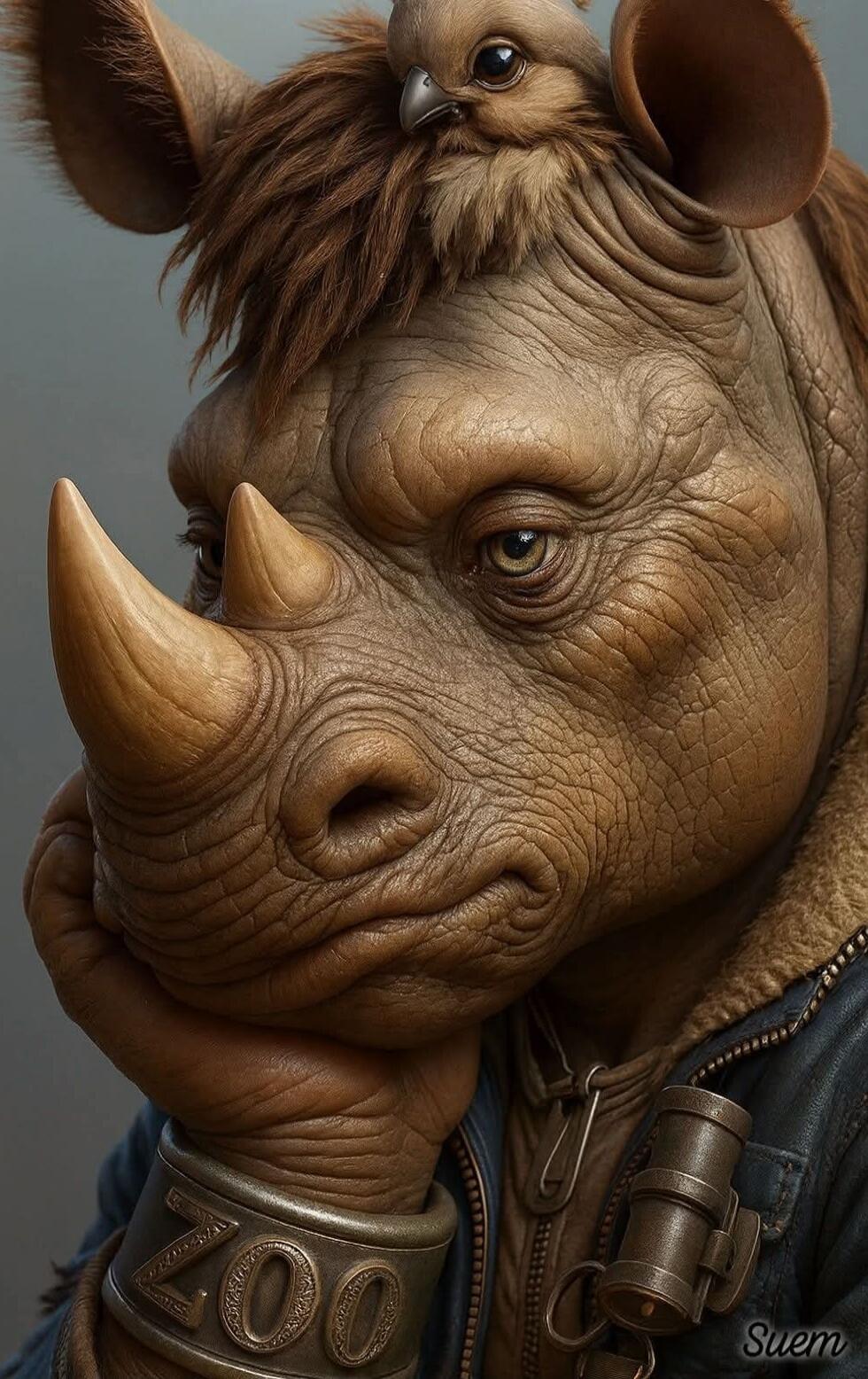 A realistic humanoid rhinoceros wearing a leather jacket with a tiny creature on its head; the rhino's bracelet reads 'ZOO'.
