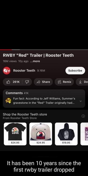 RWBY Red Trailer Rooster Teeth 16M ews 10y ago more Rooster Teeth 916M 26k QP Share Remix 4 Do Comments 41k Q Fun fact According to Jeff Williams Summers gravestone in the Red Trailer originally had Shop the Rooster Teeth store From Rooster Teeth Store It has been 10 years since the first rwby trailer dropped