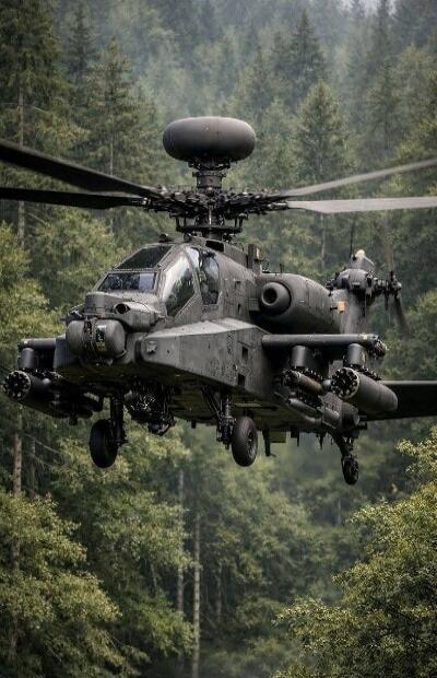 The image shows an Apache attack helicopter flying low over a forest. The helicopter is heavily armed with missiles and a cannon. The rotor blades are blurred, indicating movement. The background is a dense forest with tall trees.