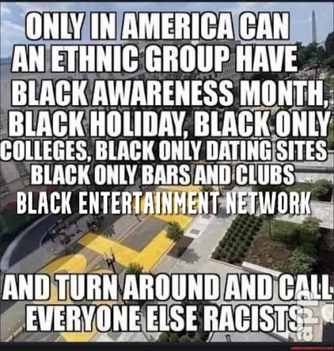 ONLY IN AMERICA CAN AN ETHNIC GROUP HAVE BLACK AWARENESS MONTH, BLACK HOLIDAY, BLACK ONLY COLLEGES, BLACK ONLY DATING SITES, BLACK ONLY BARS AND CLUBS, BLACK ENTERTAINMENT NETWORK AND TURN AROUND AND CALL EVERYONE ELSE RACISTS