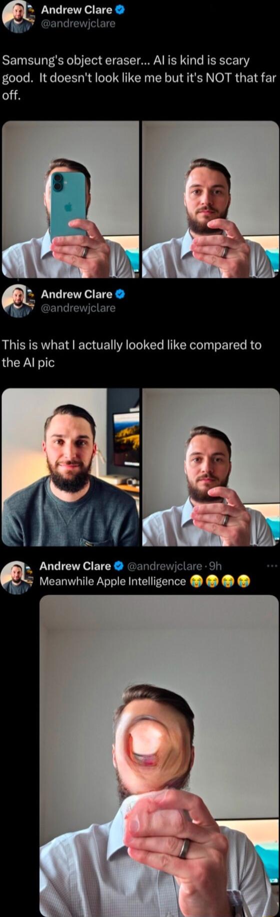 Pl Andrew Clare WEER Samsungs object eraser Al is kind is scary good It doesnt look like me but its NOT that far off This is what actually looked like compared to the Al pic S Meanwhile Apple Intelligence