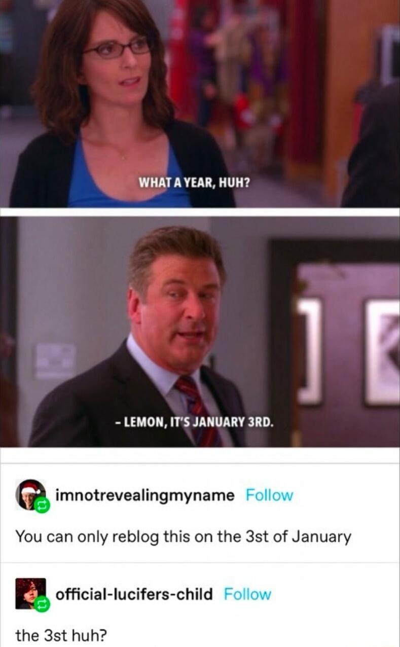 WHAT A YEAR HUH LEMON ITS JANUARY 3RD Q imnotrevealingmyname You can only reblog this on the 3st of January E official lucifers child the 3st huh