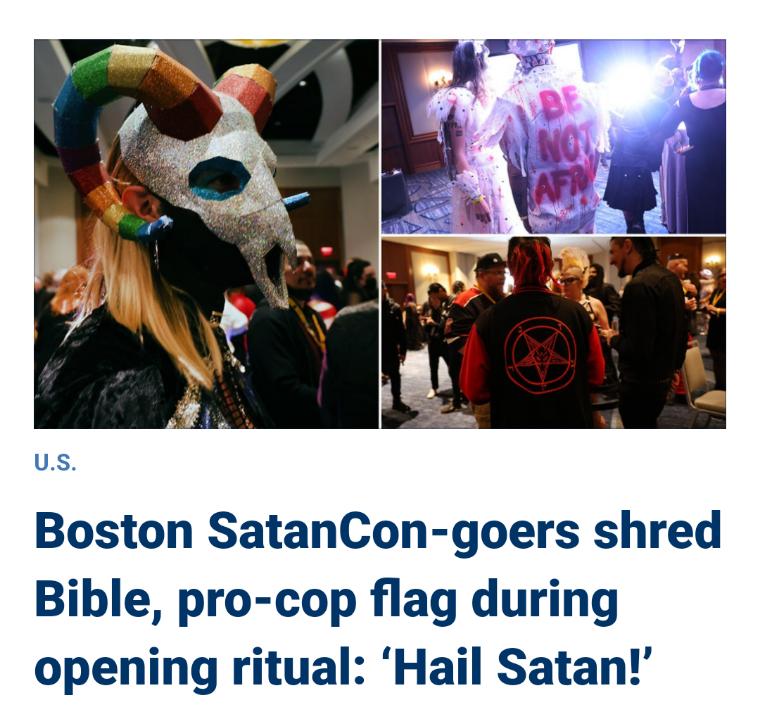 Boston SatanCon goers shred Bible pro cop flag during opening ritual Hail Satan