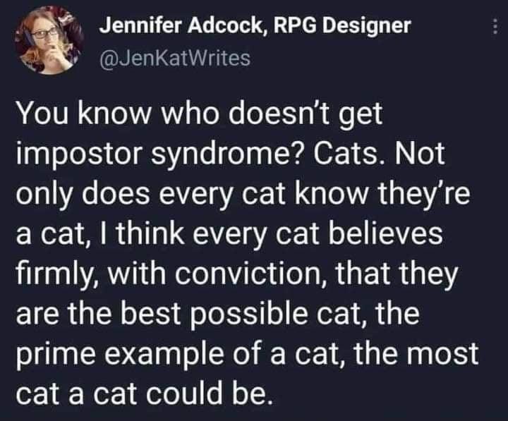 y N Jennifer Adcock RPG Designer N ONEL LGNS You know who doesnt get impostor syndrome Cats Not only does every cat know theyre a cat think every cat believes LA GRS R GETR 15 EICR GRS FoTo It o SN M 3 prime example of a cat the most o1 Wor eto V o N oT W