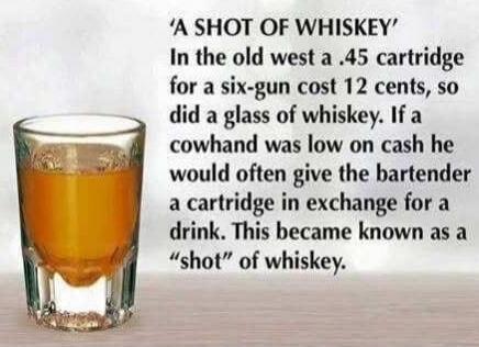'A SHOT OF WHISKEY' In the old west a .45 cartridge for a six-gun cost 12 cents, so did a glass of whiskey. If a cowhand was low on cash he would often give the bartender a cartridge in exchange for a drink. This became known as a 