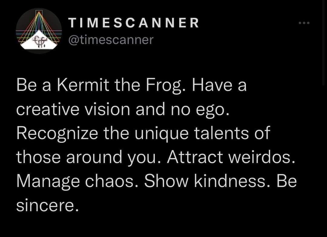 TIMESCANNER timescanner Be a Kermit the Frog Have a SEE VRV R Tale HaloRTIoR Recognize the unique talents of those around you Attract weirdos VEETaE TN ol Yo SRS o WA N To g ISP sincere