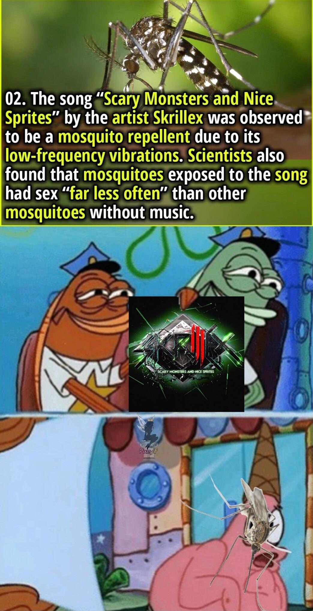 02 The song Scary Monsters and Nice Sprites by the artist Skrillex was observed to be a mosquito repellent due to its low frequency vibrations Scientists also found that mosquitoes exposed to the song had sex far less often than other mosquitoes without music
