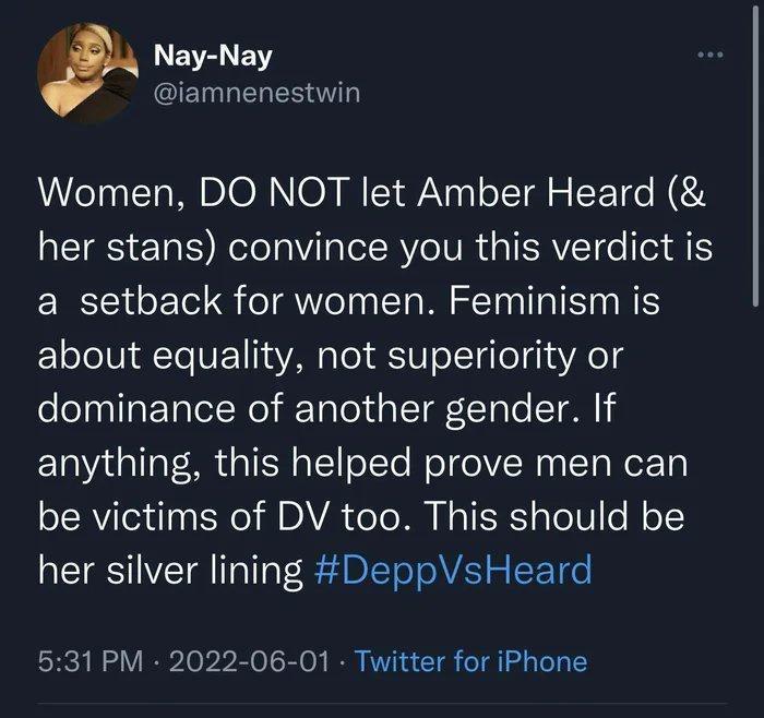 N Nay Nay QIET S diTs Women DO NOT let Amber Heard her stans convince you this verdict is a setback for women Feminism is Y oTeVi AtToVE11is YA o Tol IO oTq Lol dhuYA felolnallat TalelNo i TololdalTar ITolo TR ETaatallat BRdal SN Y oTTo MoTHo N oy T g Wer T oT RVilo1ulaat N MDAV ol MM NaTER aloT0le o QTR VETA ITallaT DIcT oY olVAS S SET o 531 PM 2022 06 01 Twitter for iPhone
