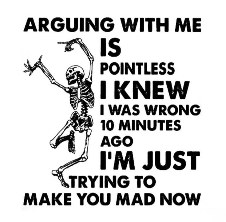 ARGUING WITH ME IS POINTLESS I KNEW I WAS WRONG 10 MINUTES AGO I'M JUST TRYING TO MAKE YOU MAD NOW
