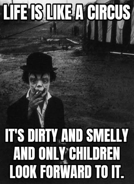 LIFE IS LIKE A CIRCUS IT'S DIRTY AND SMELLY AND ONLY CHILDREN LOOK FORWARD TO IT.