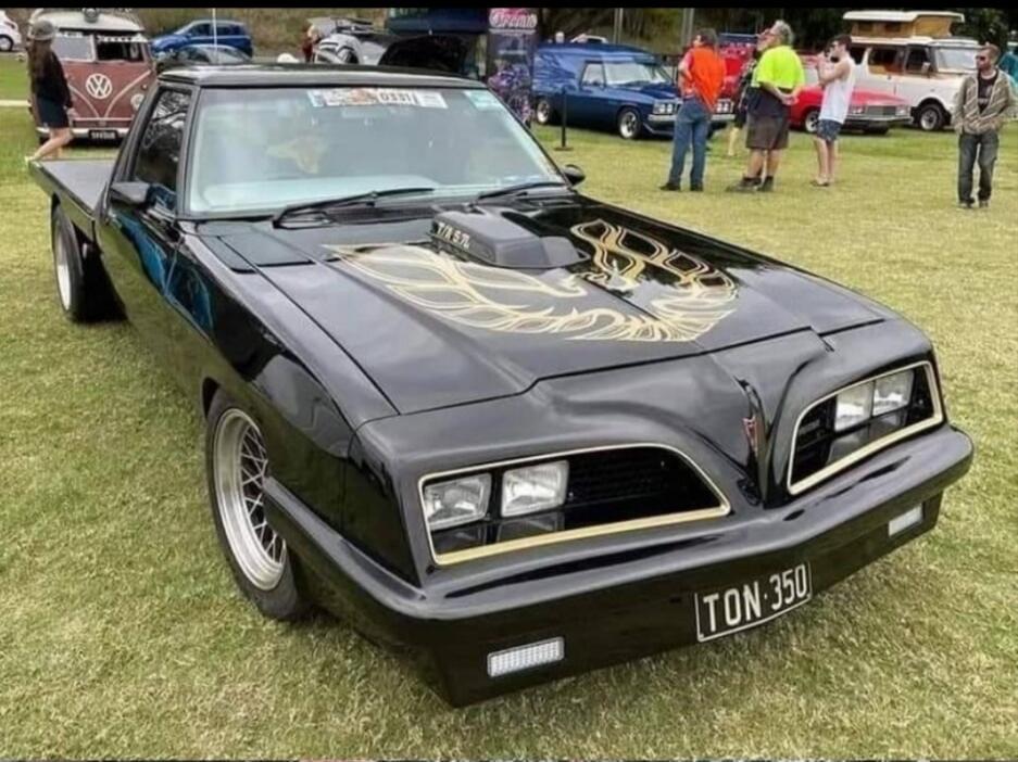 A black custom car, possibly a ute, with a golden 'screaming chicken' decal on the hood. The license plate reads 'TON 350'. The hood scoop has 'T/A 6.6L' written on it. A sticker on the windshield partially shows 'OSSI'.