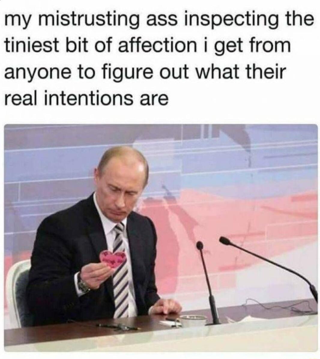 my mistrusting ass inspecting the tiniest bit of affection i get from anyone to figure out what their real intentions are