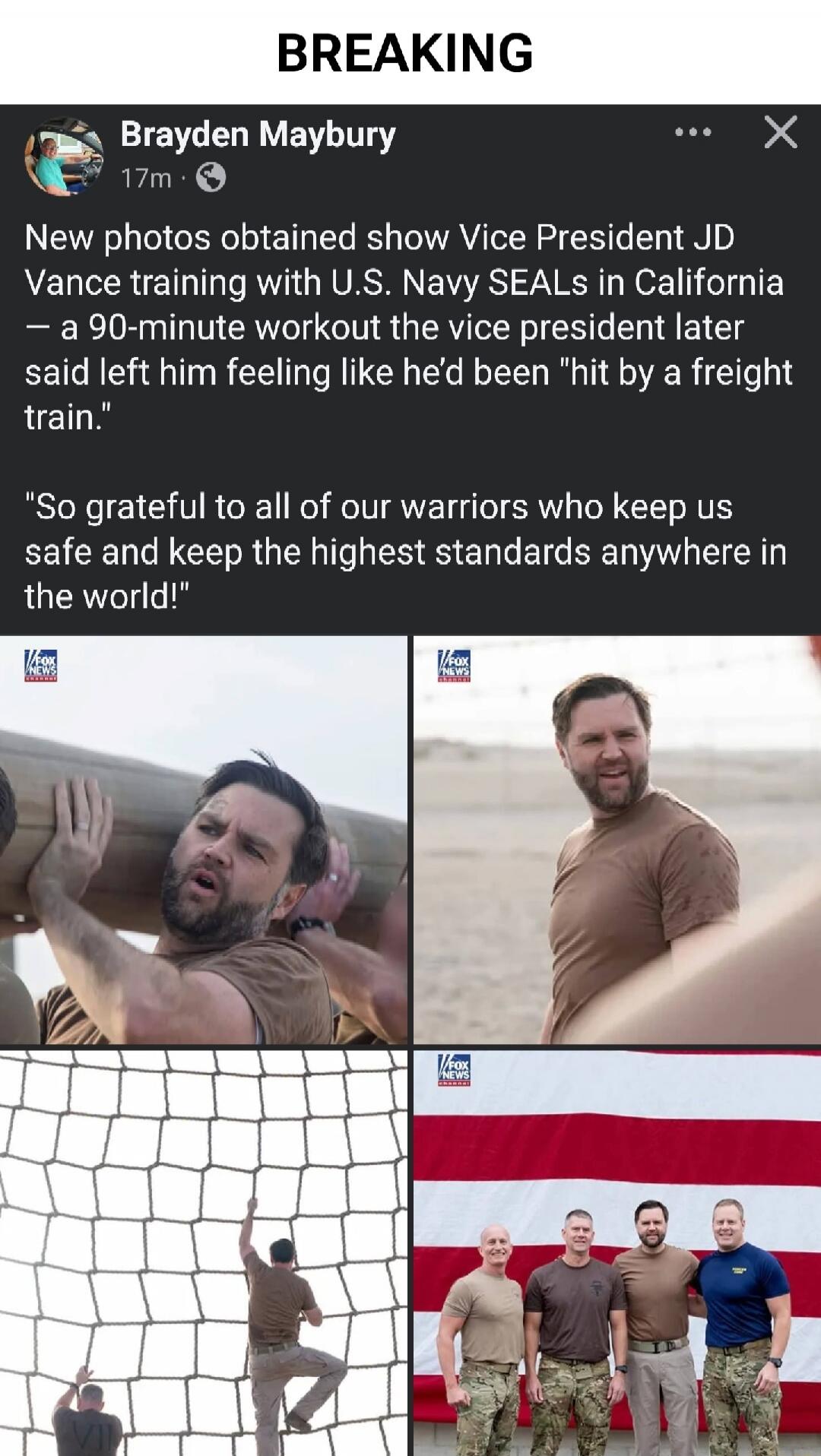 BREAKING
Brayden Maybury
17m
New photos obtained show Vice President JD Vance training with U.S. Navy SEALS in California — a 90-minute workout the vice president later said left him feeling like he’d been 