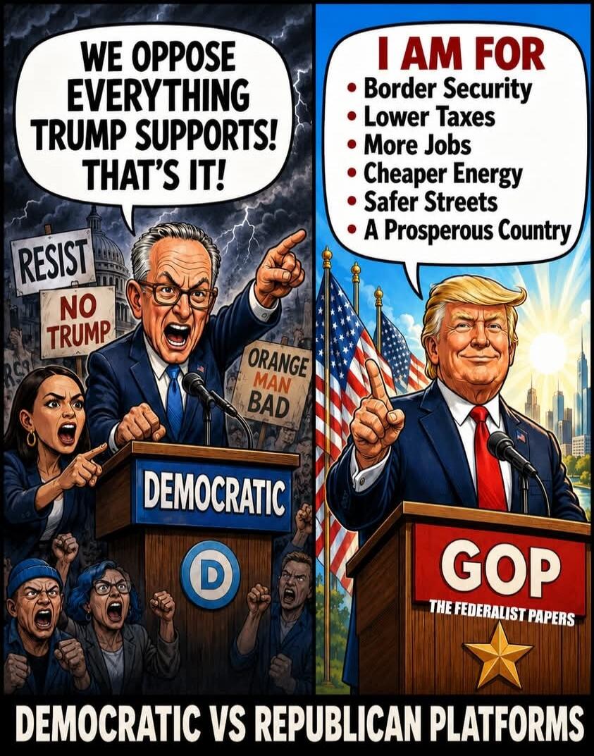 WE OPPOSE EVERYTHING TRUMP SUPPORTS! THAT'S IT! RESIST NO TRUMP ORANGE MAN BAD DEMOCRATIC I AM FOR Border Security Lower Taxes More Jobs Cheaper Energy Safer Streets A Prosperous Country GOP THE FEDERALIST PAPERS DEMOCRATIC VS REPUBLICAN PLATFORMS