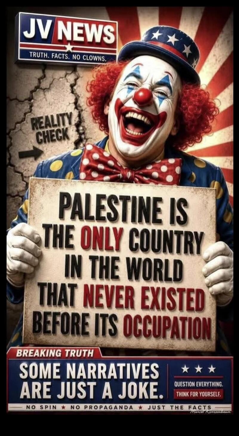 JV NEWS. TRUTH. FACTS. NO CLOWNS. REALITY CHECK. PALESTINE IS THE ONLY COUNTRY IN THE WORLD THAT NEVER EXISTED BEFORE ITS OCCUPATION. BREAKING TRUTH. SOME NARRATIVES ARE JUST A JOKE. NO SPIN. NO PROPAGANDA. JUST THE FACTS. QUESTION EVERYTHING. THINK FOR YOURSELF.
