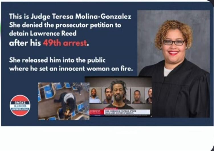 This is Judge Teresa Molina-Gonzalez. She denied the prosecutor petition to detain Lawrence Reed after his 49th arrest. She released him into the public where he set an innocent woman on fire.