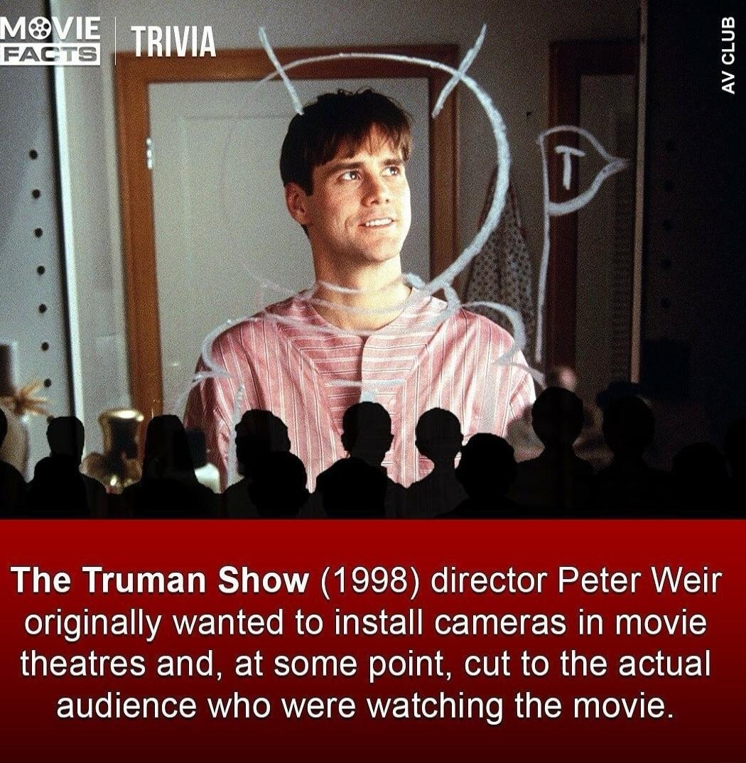 AveLus The Truman Show 1998 director Peter Weir originally wanted to install cameras in movie theatres and at some point cut to the actual audience who were watching the movie