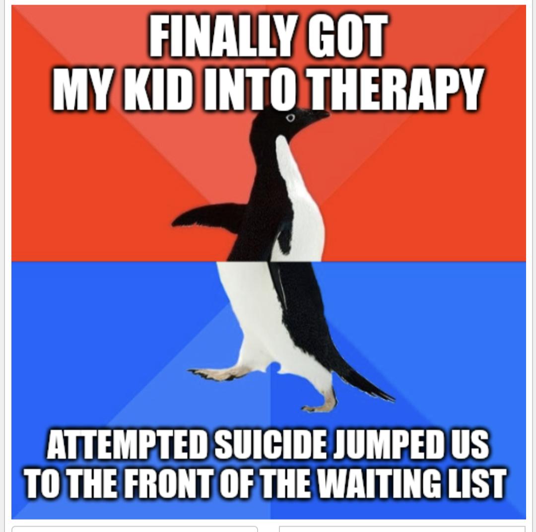 FINALLY GOT MY KIDINTO THERAPY Y ATTEMETED SUICIDE JUMPED US TOTHE FRONT OF THE WAITING LIST
