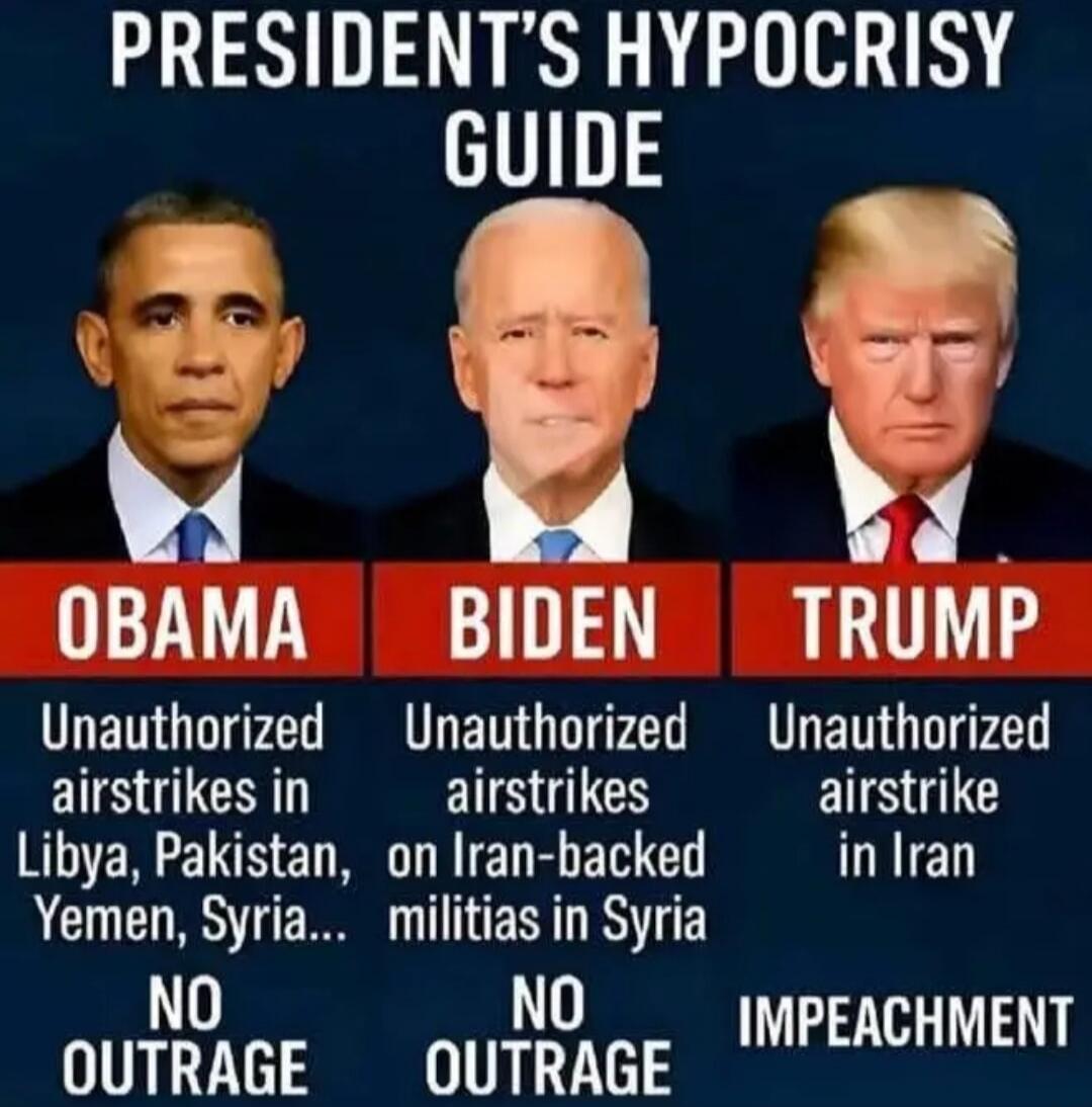PRESIDENT'S HYPOCRISY GUIDE OBAMA Unauthorized airstrikes in Libya, Pakistan, Yemen, Syria... NO OUTRAGE BIDEN Unauthorized airstrikes on Iran-backed militias in Syria NO OUTRAGE TRUMP Unauthorized airstrike in Iran IMPEACHMENT