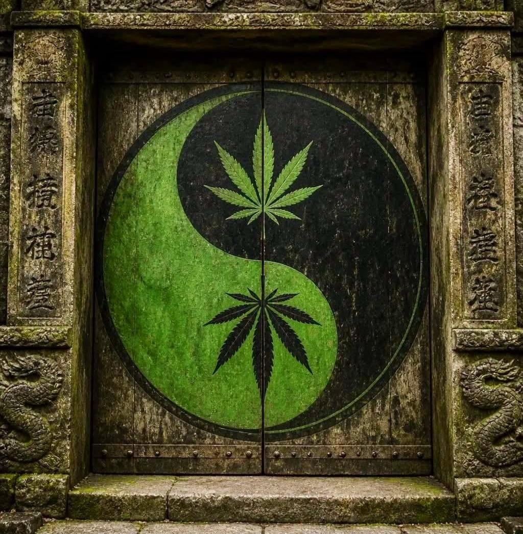 A wooden door featuring a Yin and Yang symbol with cannabis leaves. The symbol is divided into green and black halves, with a green cannabis leaf on the black side and a black cannabis leaf on the green side. The door is set within an old stone frame adorned with carved East Asian characters.