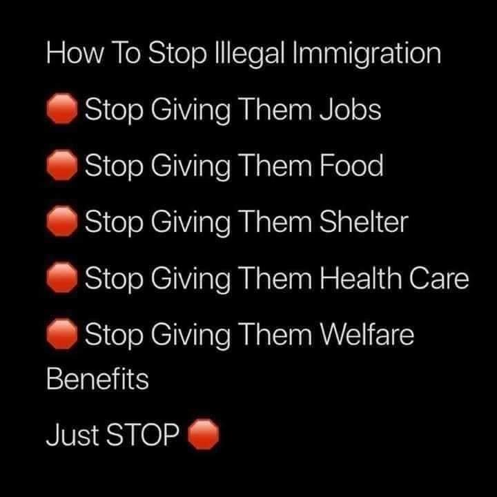 How To Stop lllegal Immigration Stop Giving Them Jobs Stop Giving Them Food Stop Giving Them Shelter Stop Giving Them Health Care Stop Giving Them Welfare Benefits Just STOP