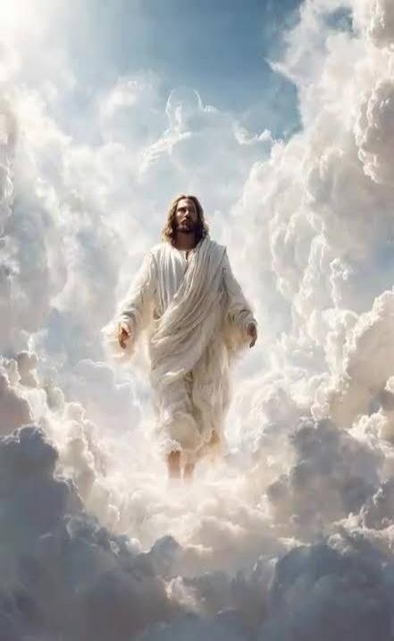 Jesus in a white robe walking among the clouds