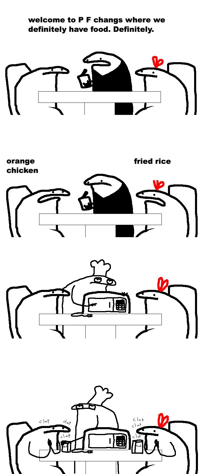 welcome to P F changs where we definitely have food Definitely A orange fried rice chicken T