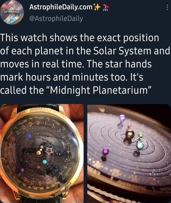 AstrophileDailycom i _ ACESIEREN This watch shows the exact position of each planet in the Solar System and VA LNCE R R RS ETGER T mark hours and minutes too Its called the Midnight Planetarium