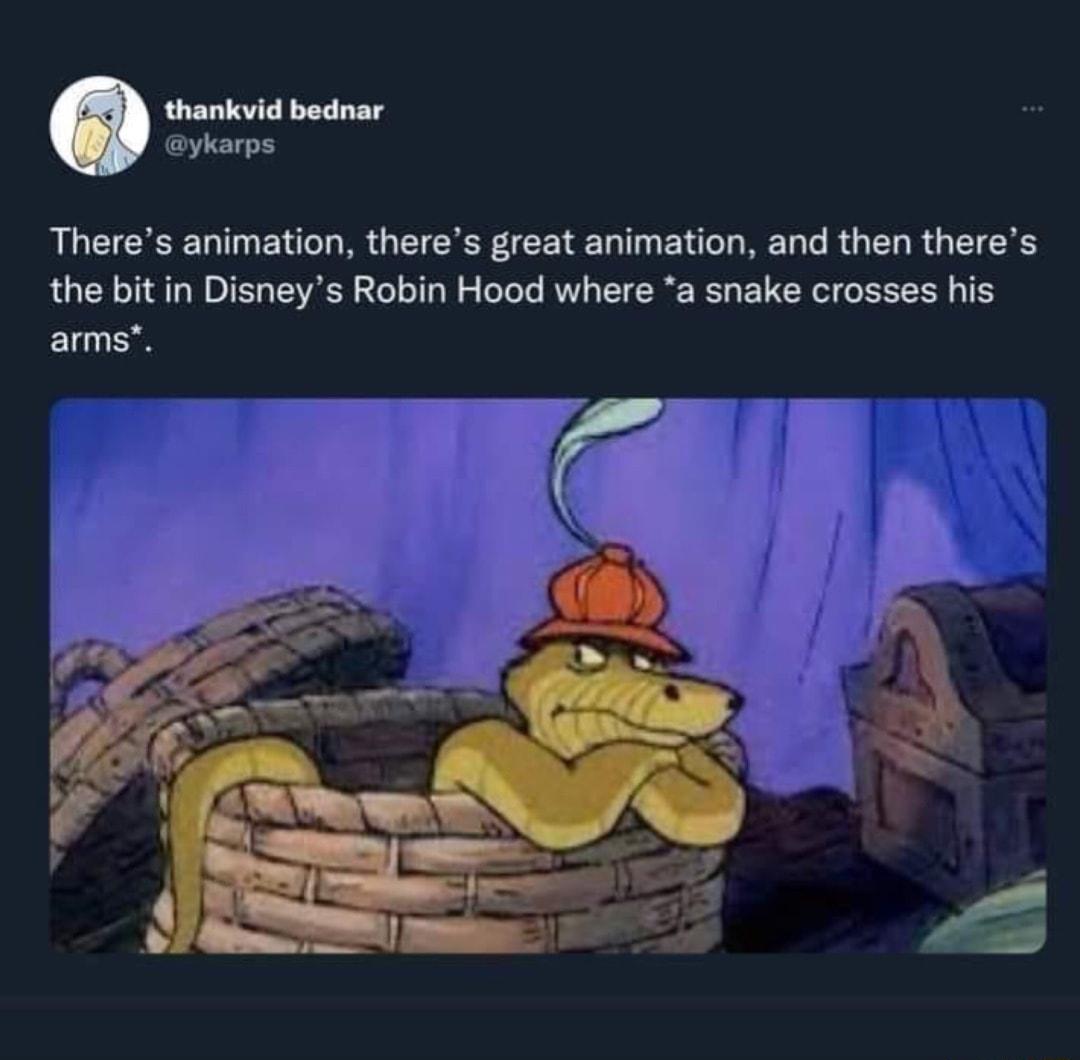 thankvid bednar ykarps Theres animation theres great animation and then theres the bit in Disneys Robin Hood where a snake crosses his amms