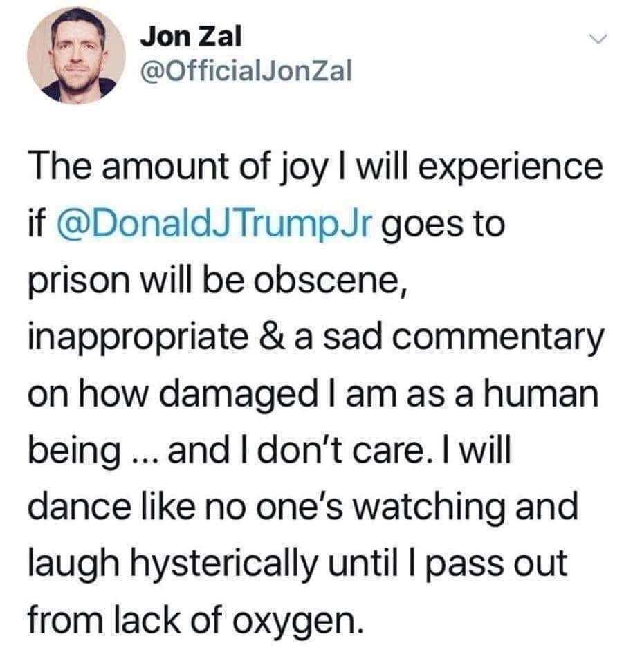 The amount of joy will experience if DonaldJTrumpdJr goes to prison will be obscene inappropriate a sad commentary on how damaged am as a human being and dont care will dance like no ones watching and laugh hysterically until pass out from lack of oxygen