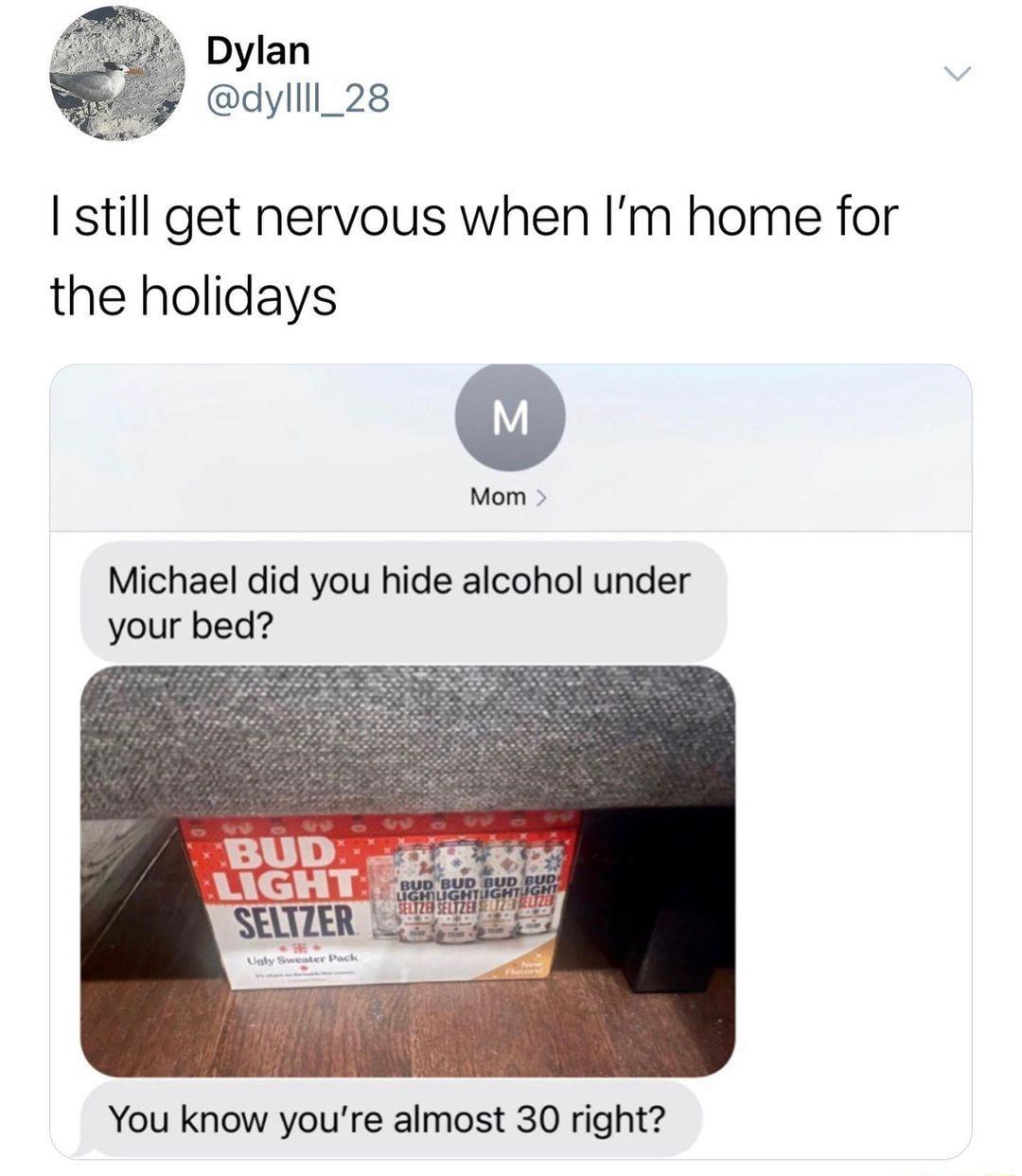 Dylan dyllll_28 still get nervous when Im home for the holidays Mom Michael did you hide alcohol under your bed You know youre almost 30 right