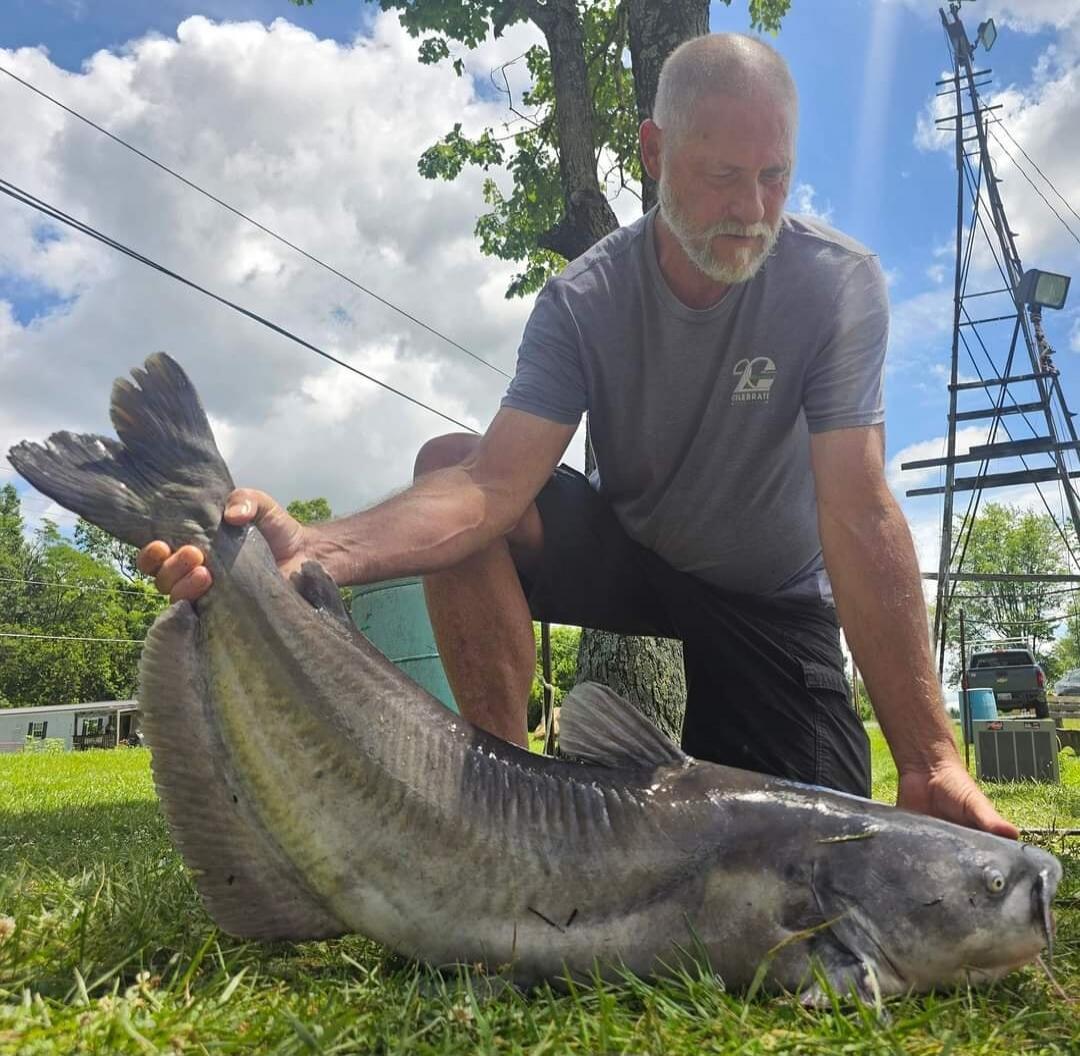 A man is holding a very large catfish on the grass. The man is wearing a grey t-shirt with a '2G CELEBRATE' logo. The sky is blue with white clouds. There are trees and a metal structure in the background.