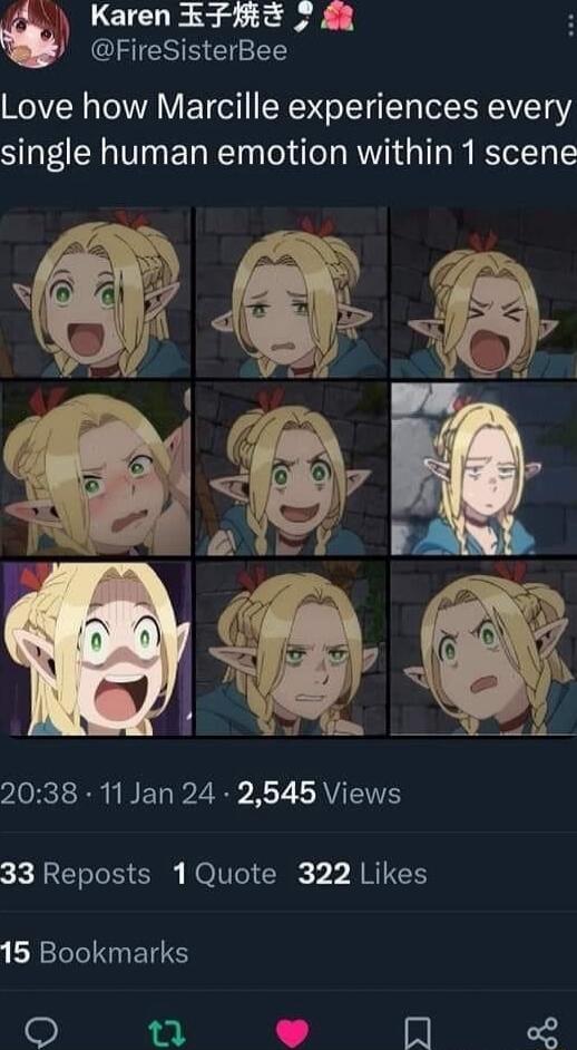 Karen EFRT FireSisterBee Love how Marcille experiences every single human emotion within 1 scene 2038 11Jan 24 2545 Views 33 Reposts 1Quote 322 Likes 15 Bookmarks T N L