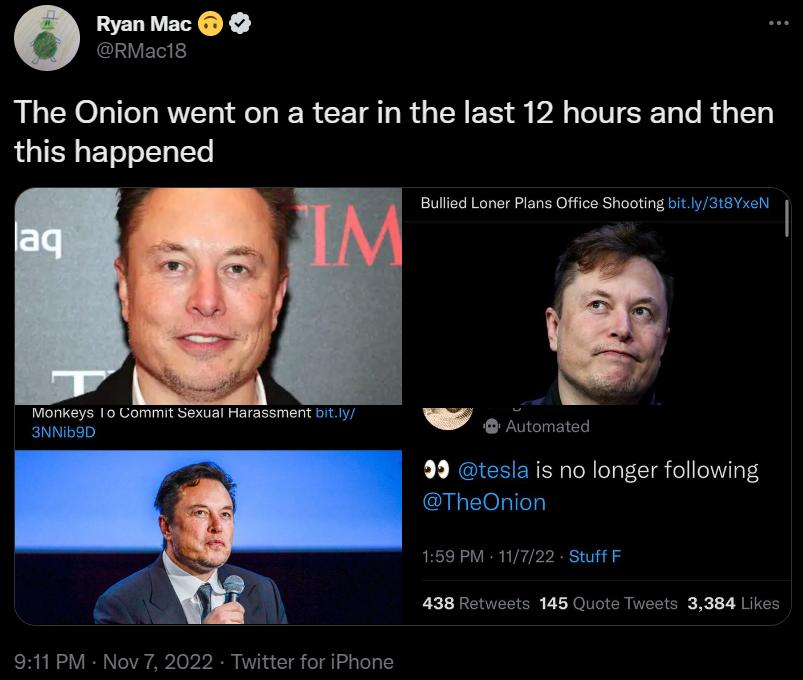 The Onion went on a tear in the last 12 hours and then this happened P Mormeys 10 Commt Sons orsssment W o fiomaed 2 is no longer following 438 Reteets 188 Quote Tueets 3388 L