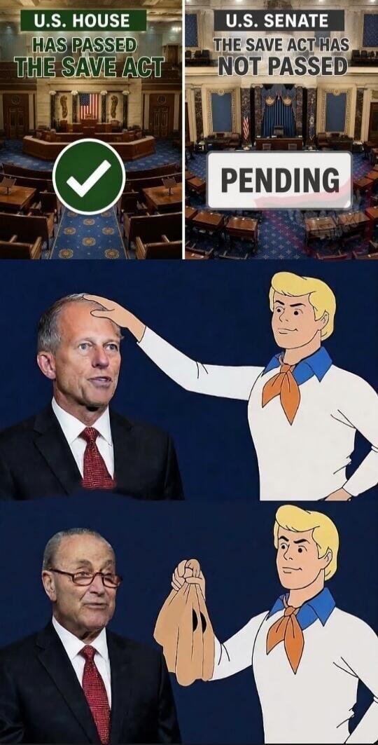 U.S. House has passed the SAVE Act. U.S. Senate the SAVE Act has not passed, it is pending. This meme uses the Scooby-Doo unmasking format to imply that a specific politician is behind the Senate's inaction on the SAVE Act.